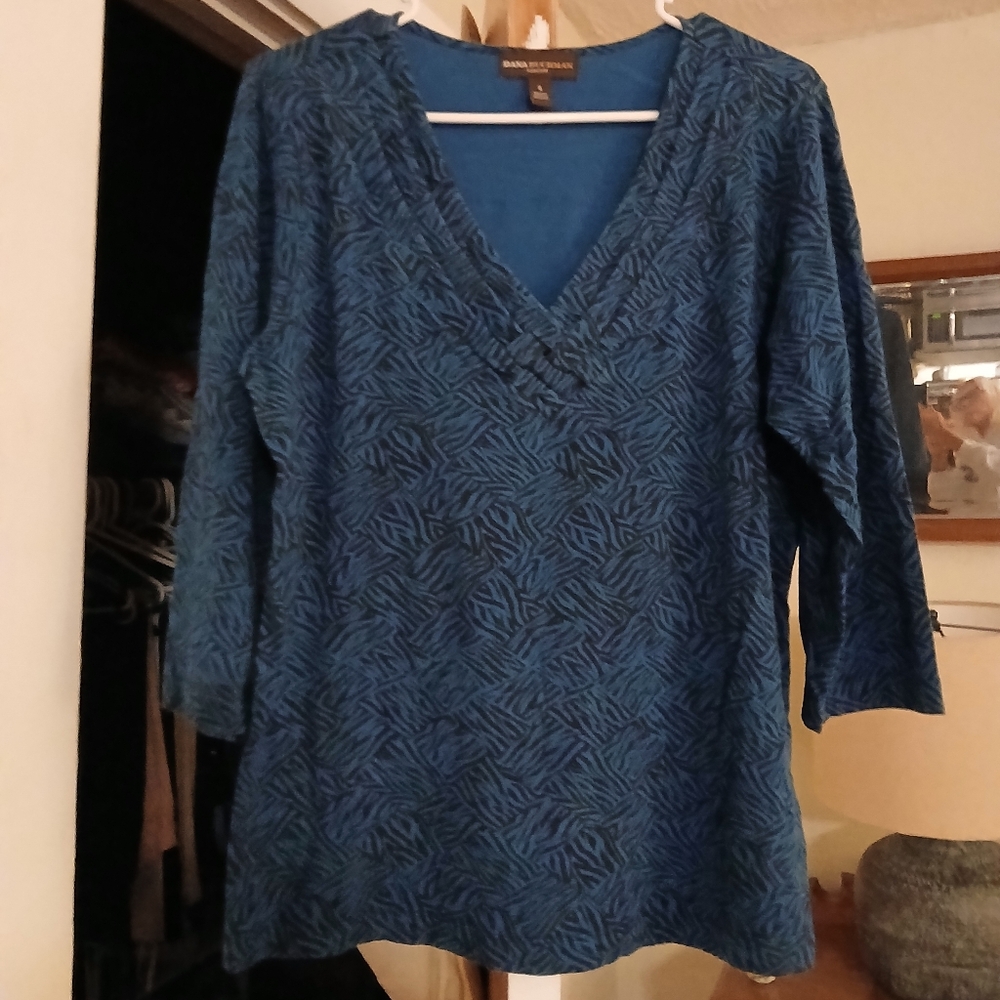 Dana Buchman Teal and Black Geometric Long Sleeve Top